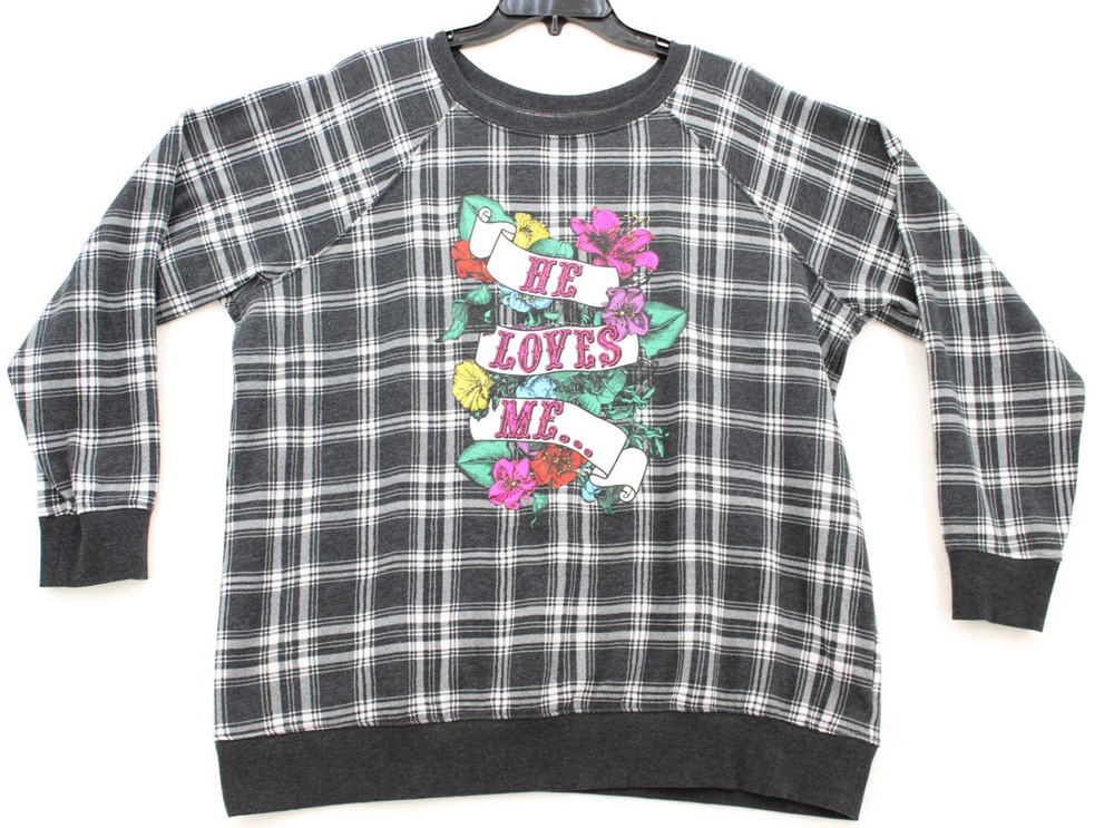 Torrid Betsey Johnson He Loves Me Raglan Sweatshirt Size 1 1X 14/16 Black Plaid